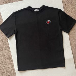 Korean Streetwear Black T-Shirt w/ Red Heart Embroidery